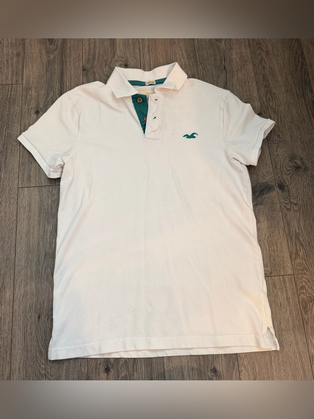Hollister Men’s Small White Stretch Polo Shirt Green Logo
